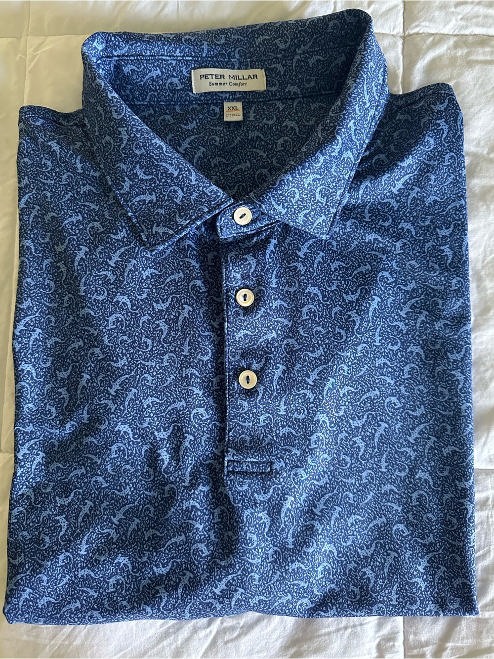 Peter Millar Summer Comfort Golf Polo Shirt Blue Hammerhead Shark Print XXL